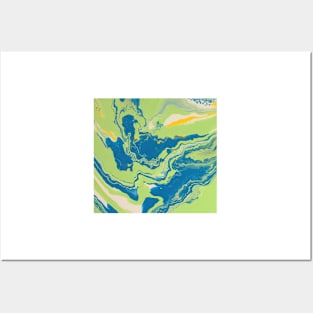 Blue, green, white, yellow, acrylic pour, Posters and Art